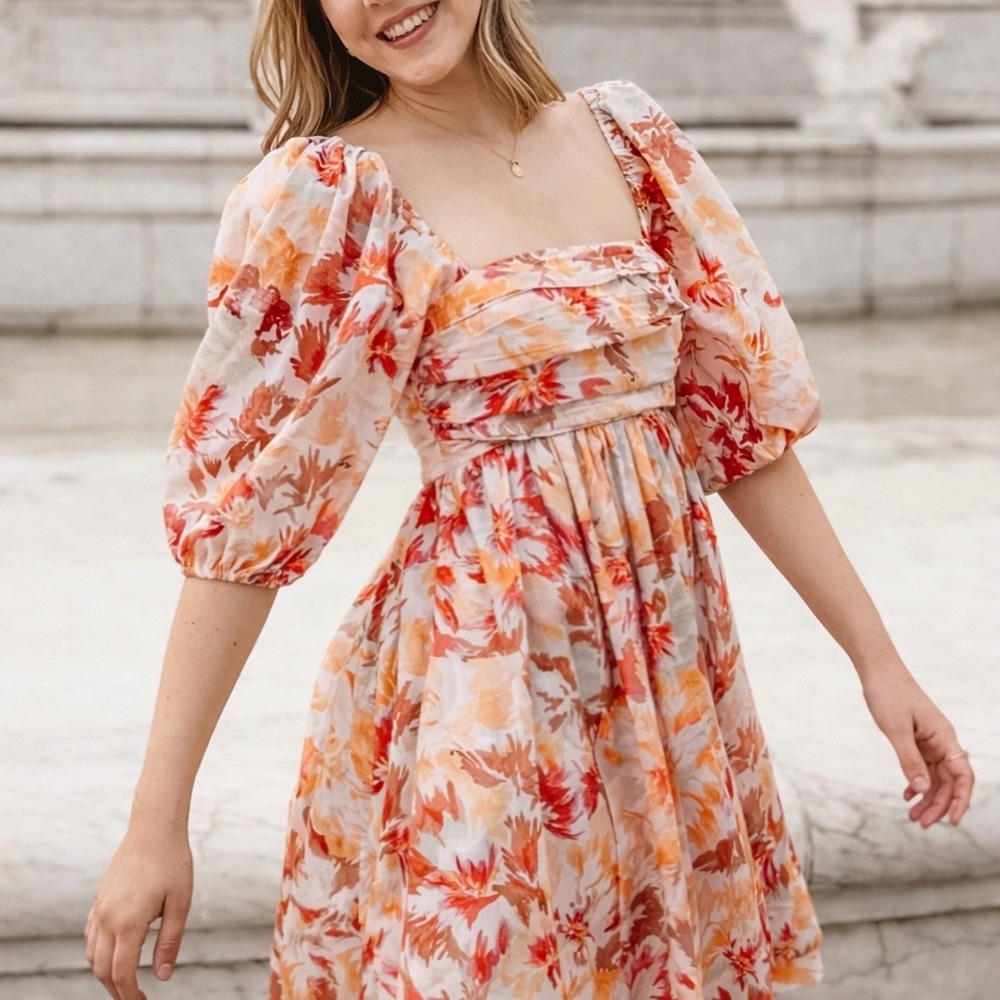 Abercrombie & Fitch Emerson Floral Print Mini Dress XS Square Neck‎ Puff Sleeves